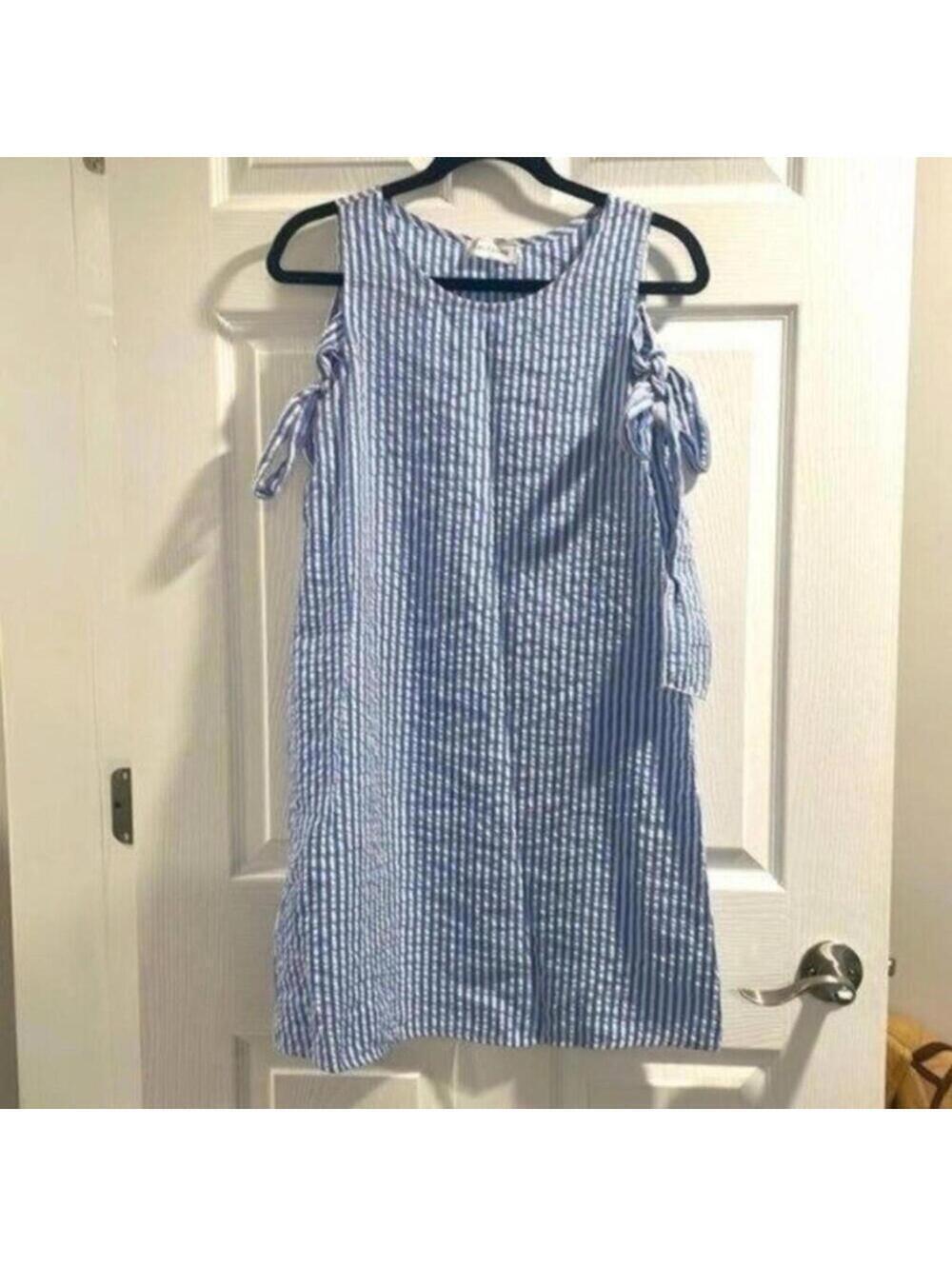 Ces Femmes Blue and White Seersucker Striped Cold Shoulder Shift Dress